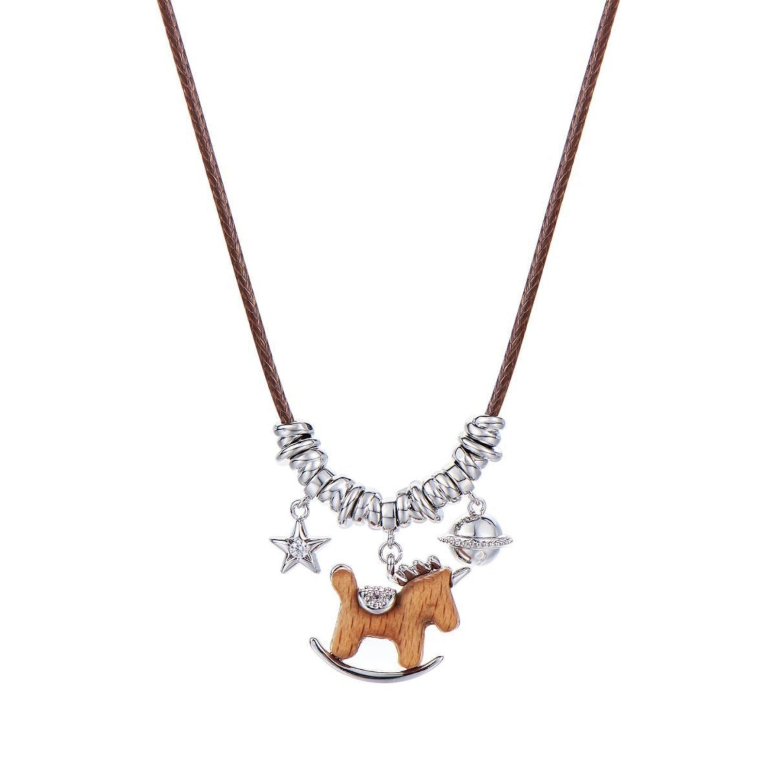 Necklace with horse charm and beads on a white background