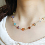 Necklace with multicolored beads worn by a person