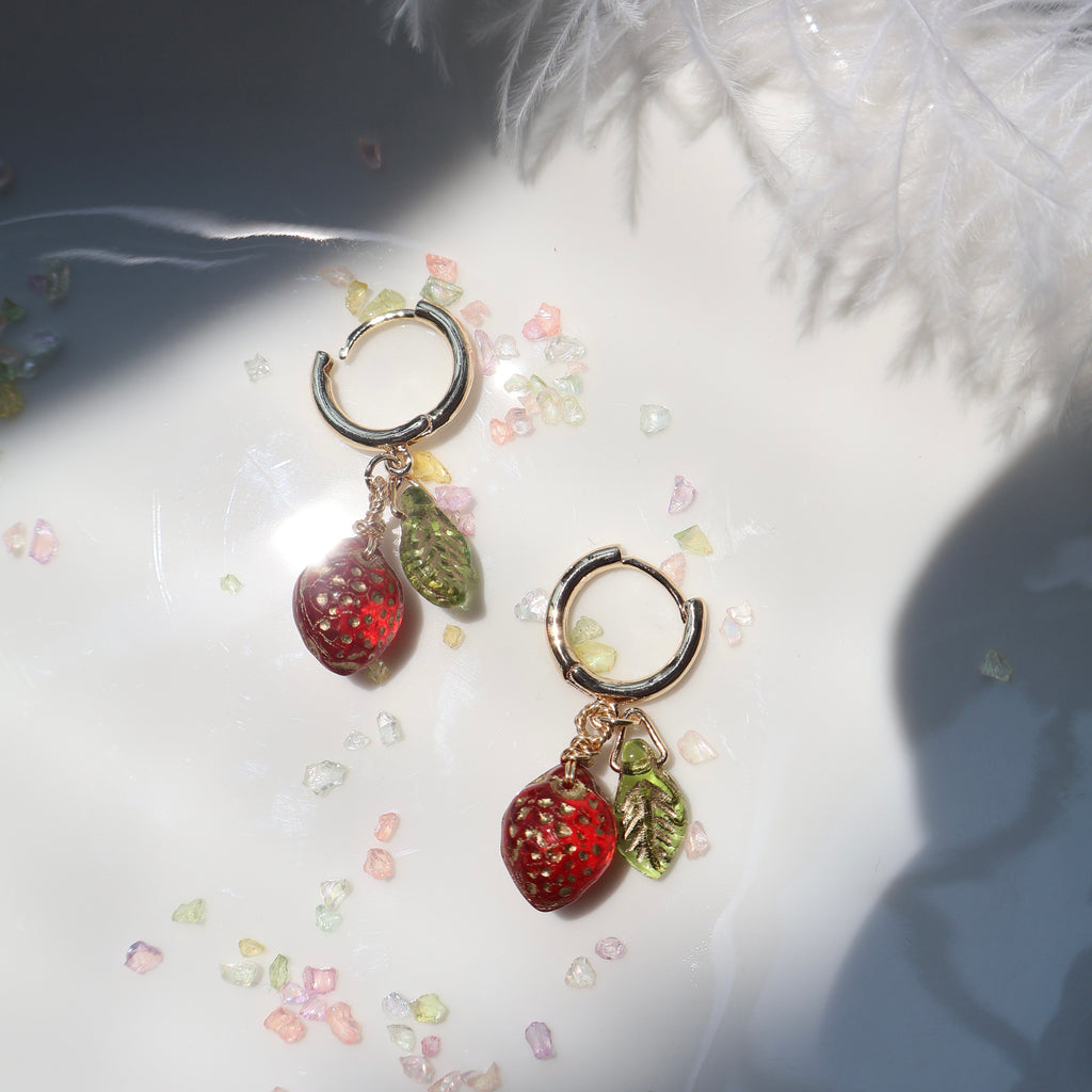 Handmade strawberry fruit charm hoop earrings – Jouvi