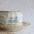 Pair of earrings with blue gemstones and silver hooks on a shell.