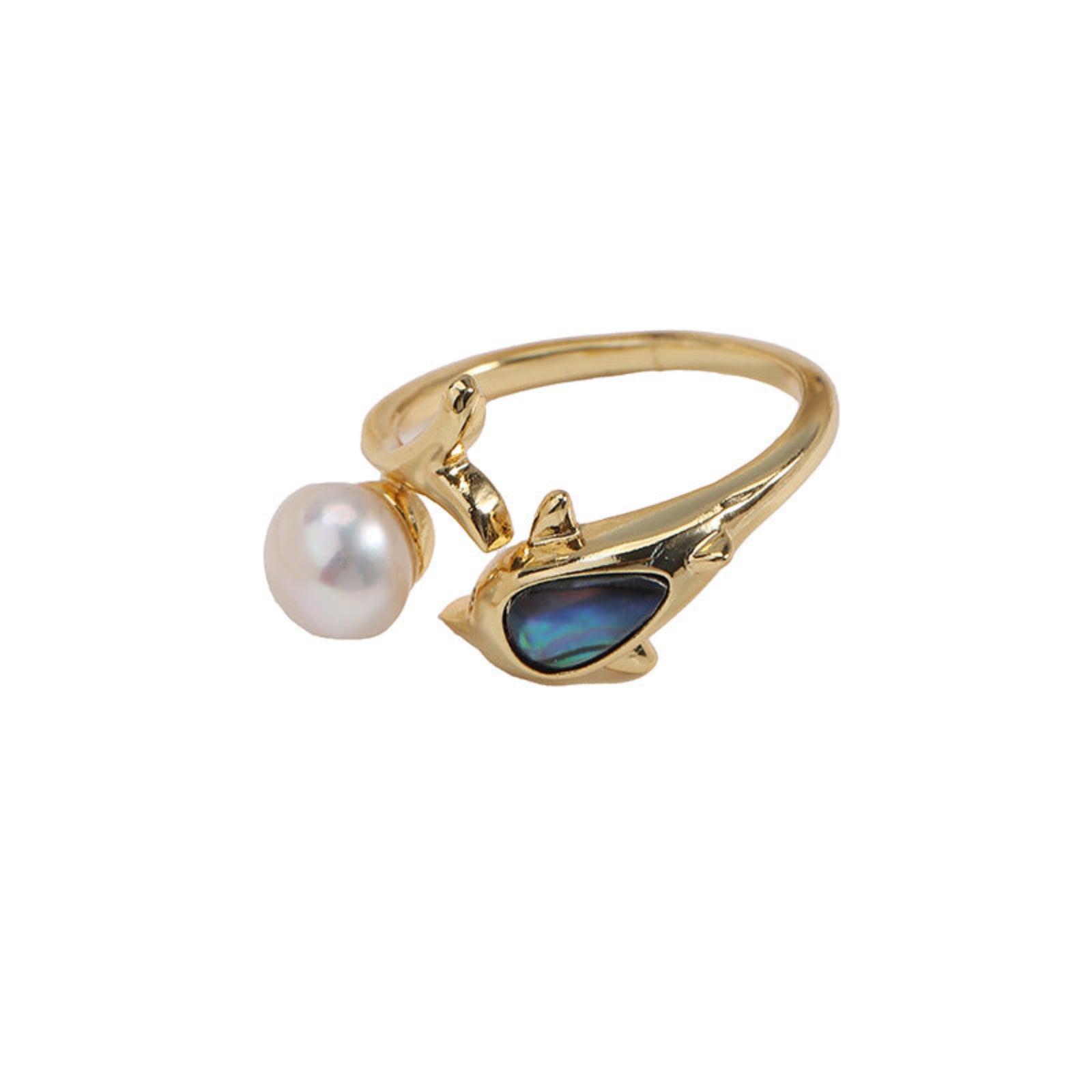 Gold ring with a pearl and a green stone on a white background