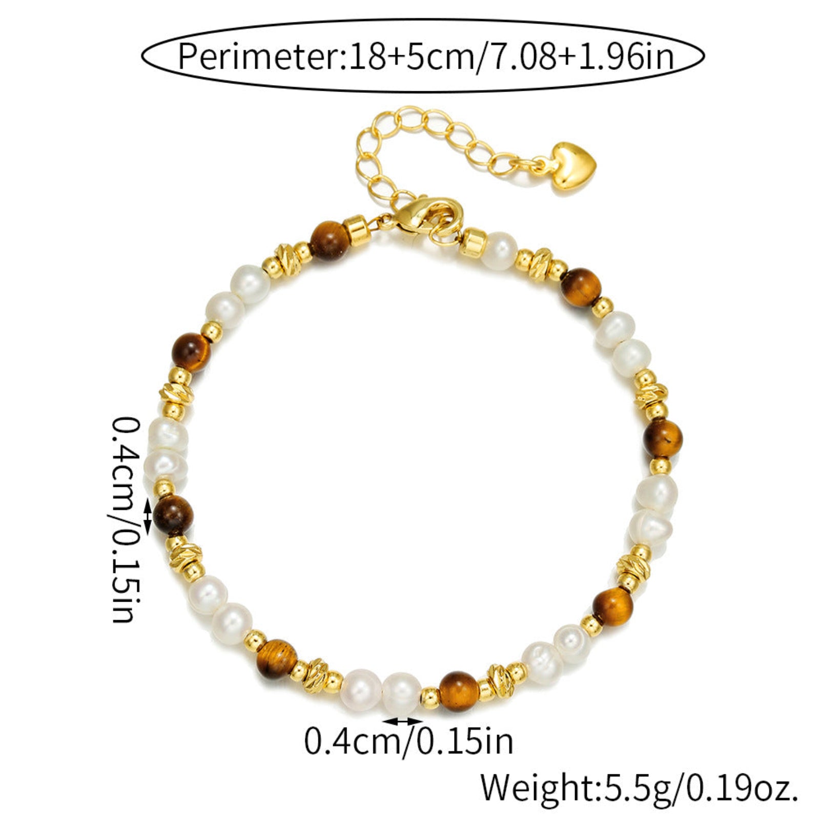Bracelet with pearls, brown beads, and gold accents with measurements on a white background