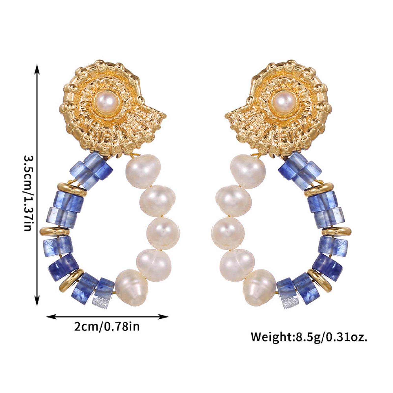 Pair of gold and blue beaded earrings with pearl accents, shown with measurements and weight on a white background.