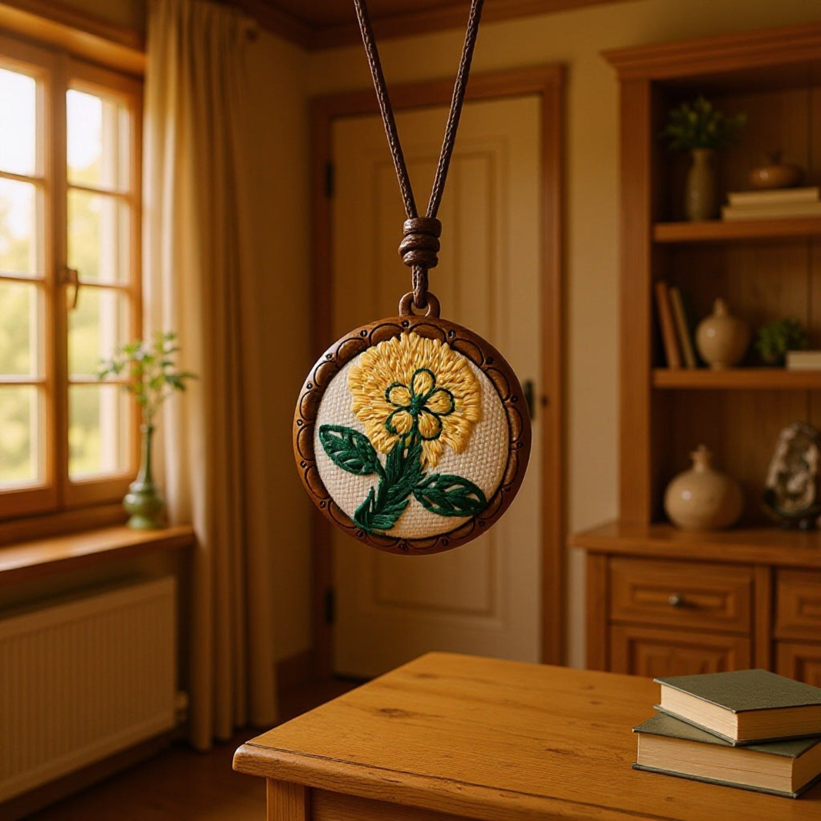 Embroidered pendant with floral design on a wooden table in a warm, homey setting.