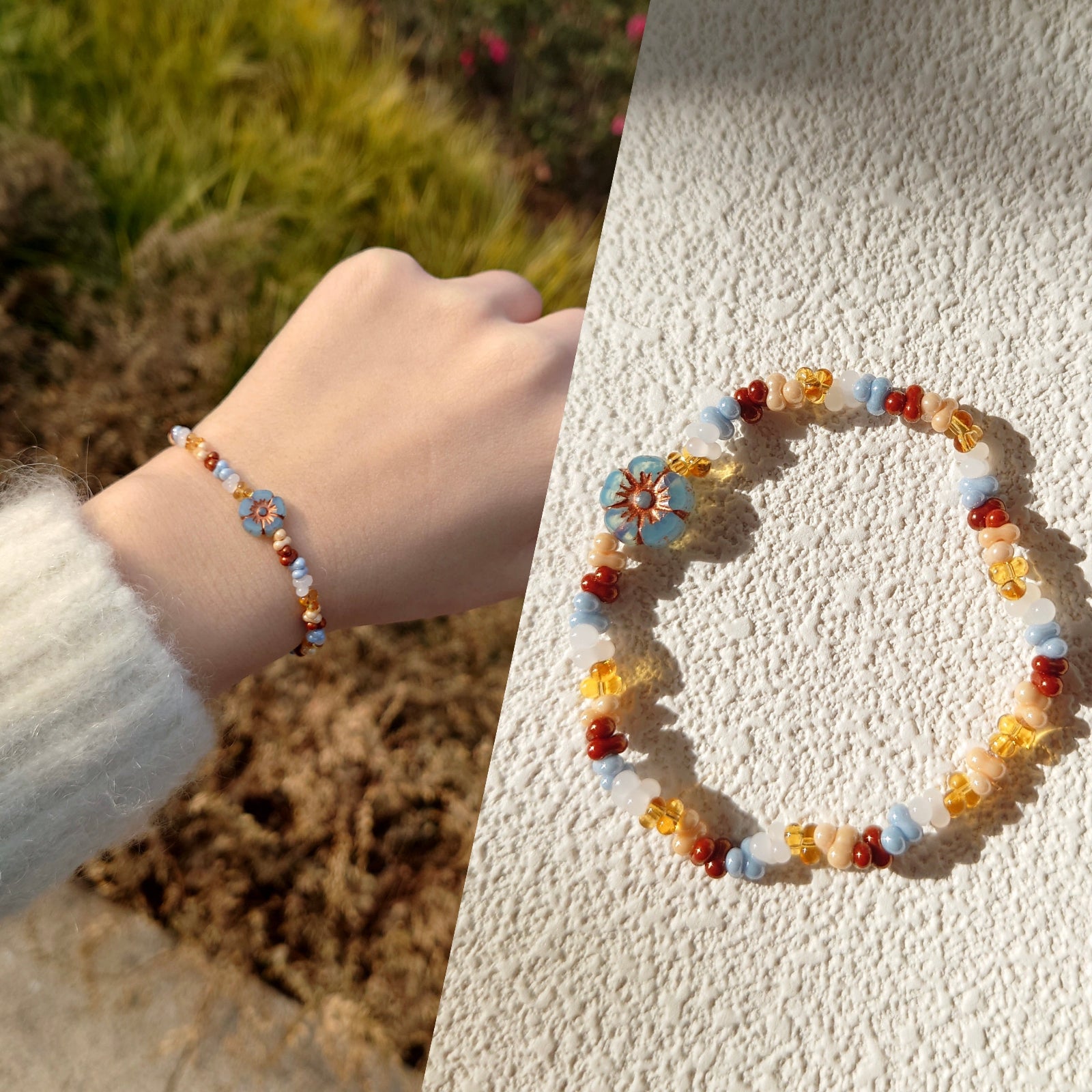 Handmade blue Czech glass bead bracelet for boho summer by Jouvi